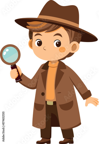 A young boy is holding a magnifying glass and wearing a hat