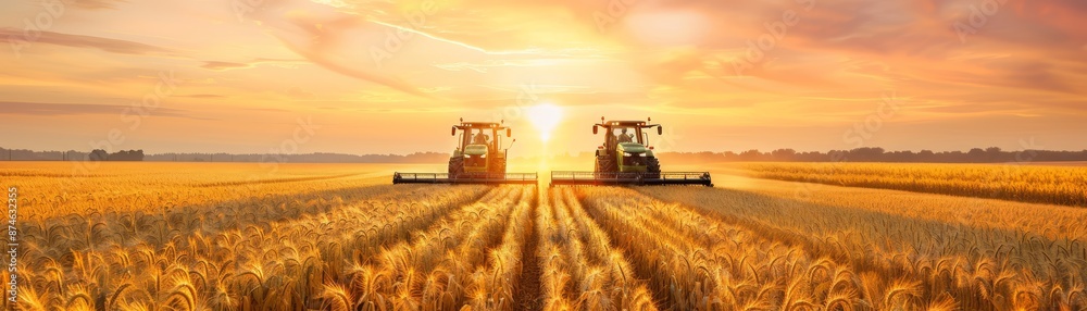 Two tractors harvesting wheat at sunset.