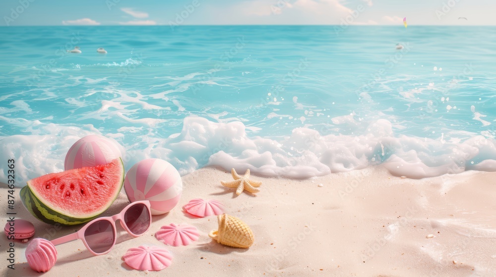 Watermelon, sunglasses, and seashells on a pristine sandy beach with turquoise water. Summer vacation vibes. Watermelon, sunglasses, and seashells on a pristine sandy beach with turquoise water. Summer vacation vibes.
