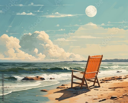 A lone wooden beach chair facing the sea, depicted at high noon with no shadows