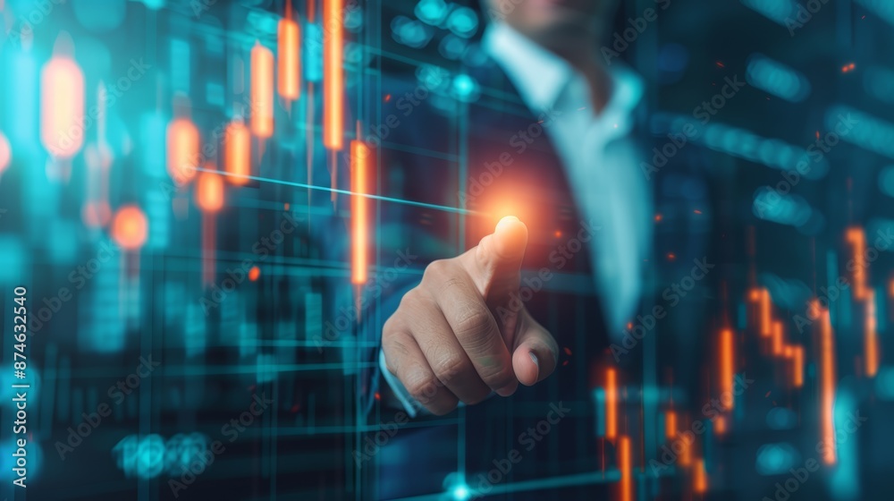 A businessman's hand points at a digital screen displaying financial data and charts. The image symbolizes success, technology, and financial growth. A businessman's hand points at a digital screen displaying financial data and charts. The image symbolizes success, technology, and financial growth.