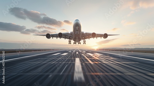 A commercial airplane takes off from a runway at sunset.  The plane is silhouetted against the golden sky.