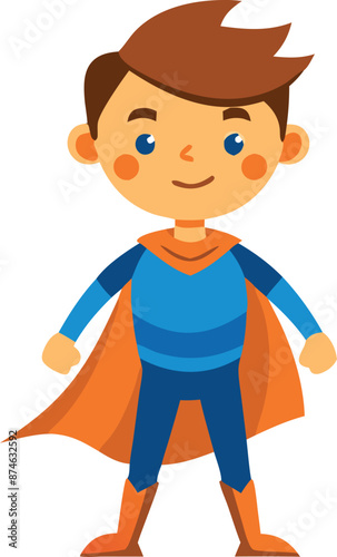 A cartoon boy in a blue superhero costume