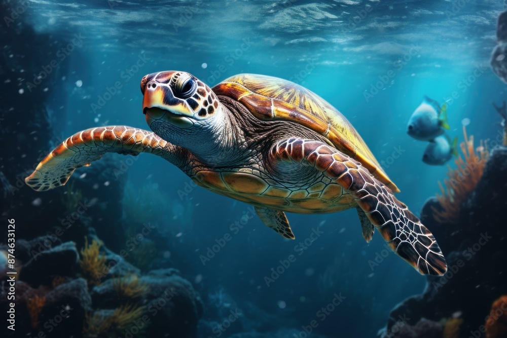 Obraz premium Silent Turtle underwater swim. Water marine. Generate Ai