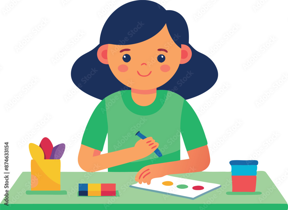 A girl is sitting at a table with a pencil and a piece of paper A girl is sitting at a table with a pencil and a piece of paper