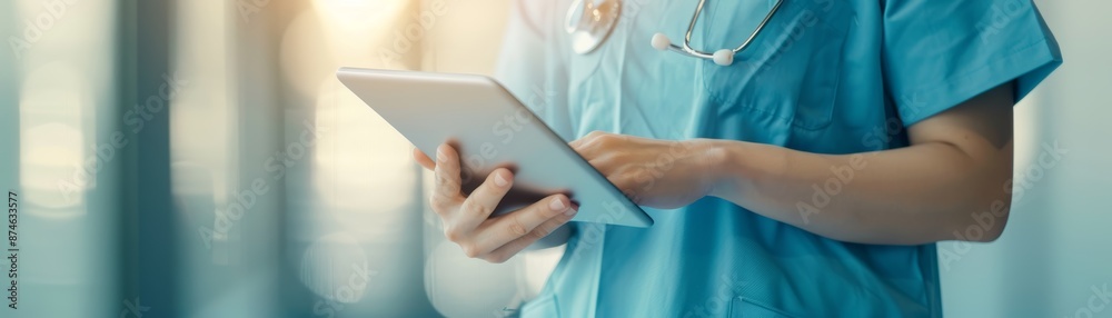 Doctor using a digital tablet in a hospital setting. Doctor using a digital tablet in a hospital setting.