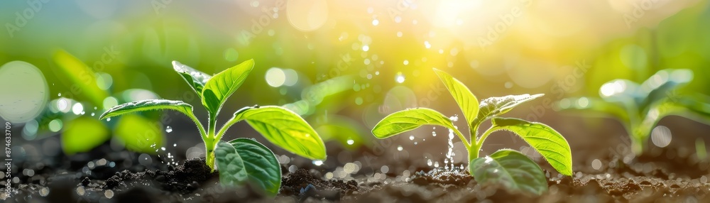 Fototapeta premium Fresh green sprouts growing in fertile soil with sunlight.