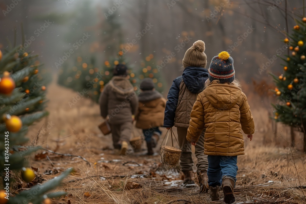 Children Walking Through a Christmas Tree Farm in Winter Children Walking Through a Christmas Tree Farm in Winter