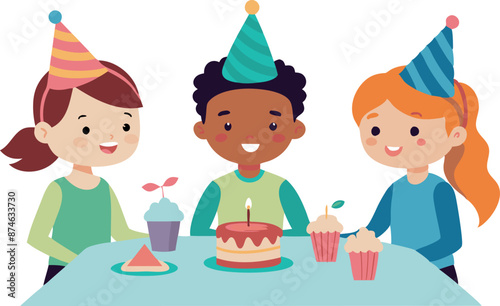 Three children are sitting at a table with a cake and cupcakes