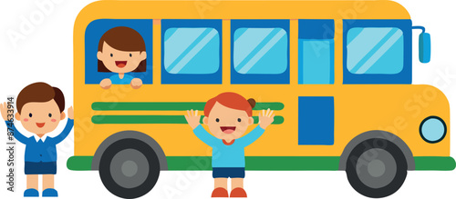 A yellow school bus with three children on the front
