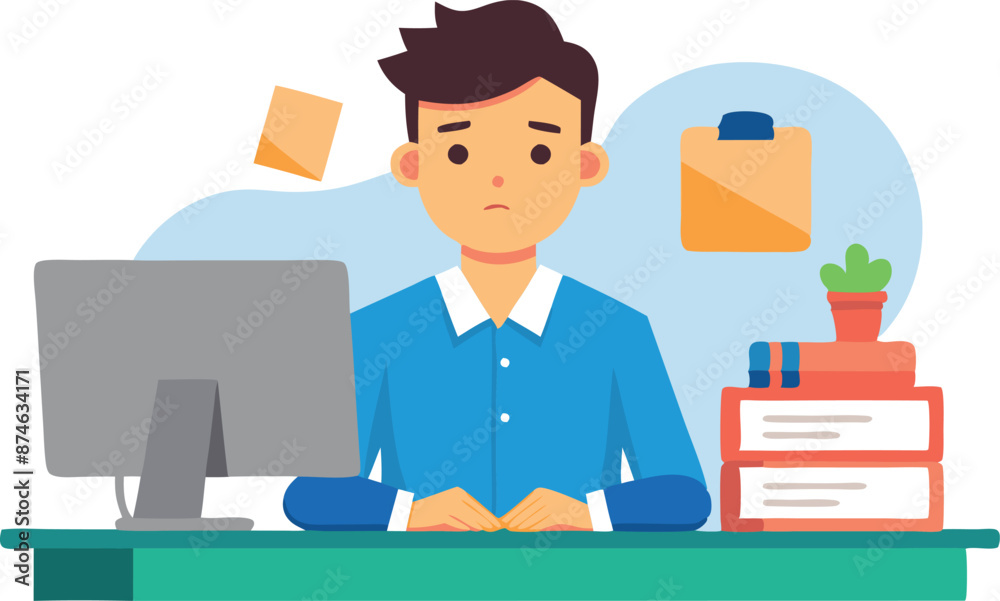 A man is sitting at a desk with a computer and a potted plant A man is sitting at a desk with a computer and a potted plant