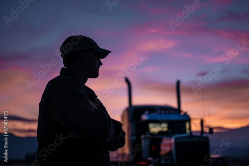 Silhouette of a truck driver standing in front of his semi-trailer at sunset. photo