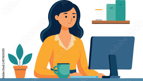 A woman is sitting at a desk with a computer monitor and a cup of coffee