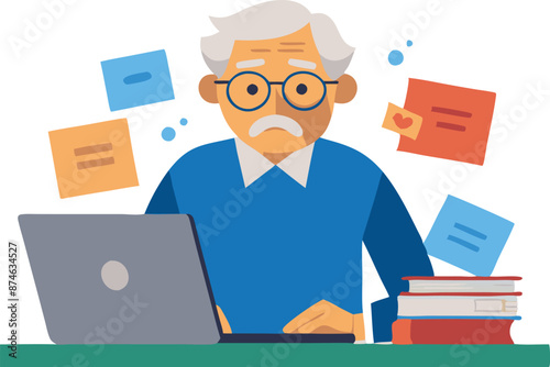 An older man is sitting at a desk with a laptop and a stack of books