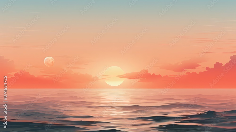 A minimalist sunset over the ocean, featuring a simple horizon line with soft orange and pink hues A minimalist sunset over the ocean, featuring a simple horizon line with soft orange and pink hues
