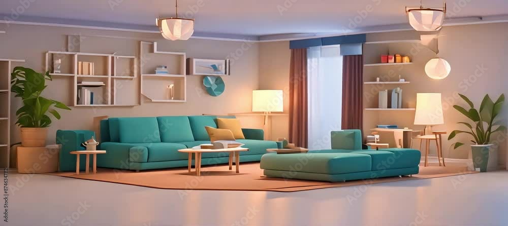 Minimalist living room with low poly furnishings in warm light Minimalist living room with low poly furnishings in warm light