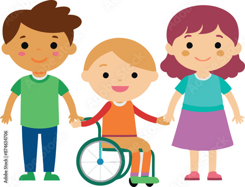 Three children are holding hands and one of them is in a wheelchair