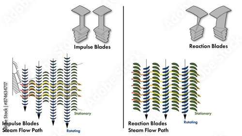 A line drawing showing steam turbine blade flow diagrams for impulse and reaction turbine blades