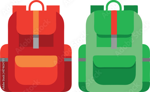 Two backpacks, one red and one green, are shown side by side