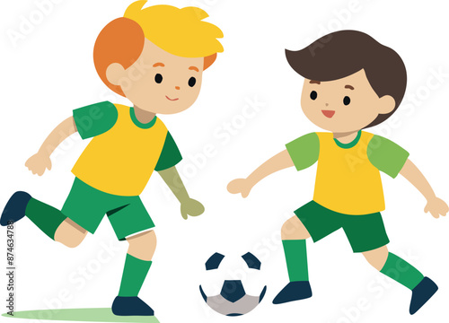 Two young boys playing soccer