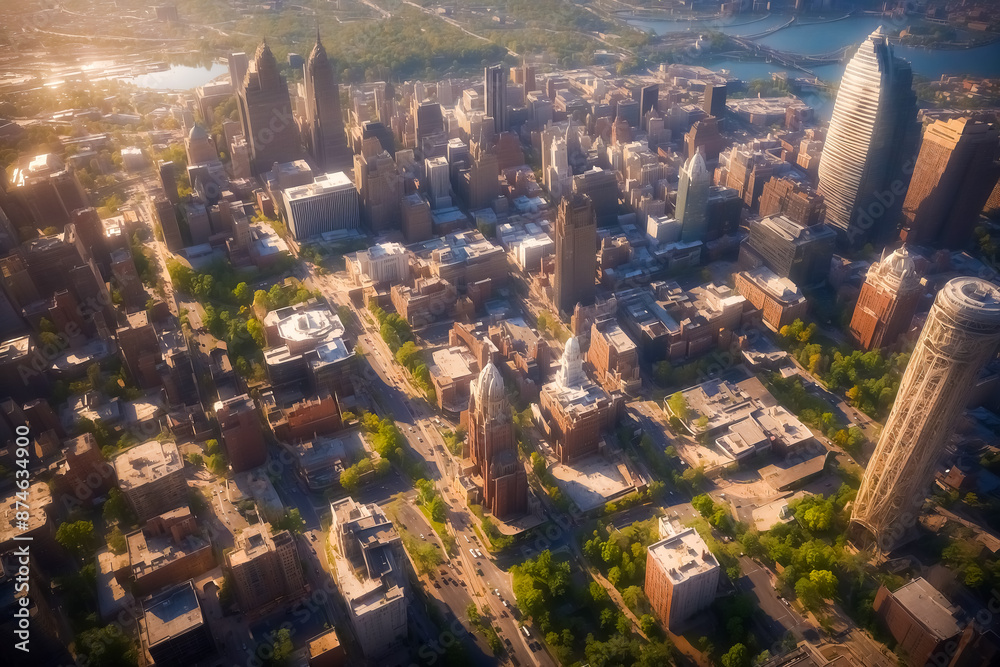 Obraz premium Aerial View of Downtown Cityscape at Sunset