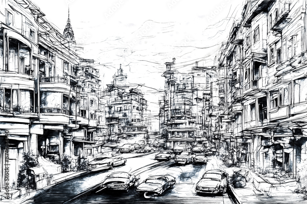 Obraz premium Sketch of a City Street with Cars
