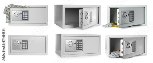 Foto Steel safe with electronic lock isolated on white, collage