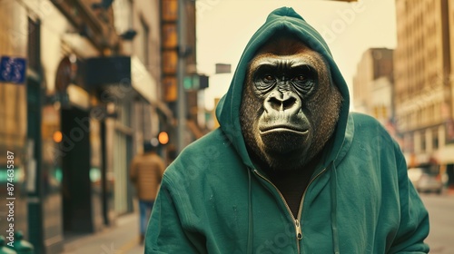 Anthropomorphic gorilla monkey wearing a green hoodie in downtown city street, urban underground retro style and charismatic human attitude photo