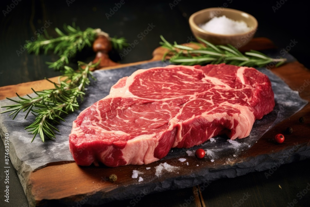 High-quality raw ribeye steak with herbs and seasoning, ready for cooking High-quality raw ribeye steak with herbs and seasoning, ready for cooking