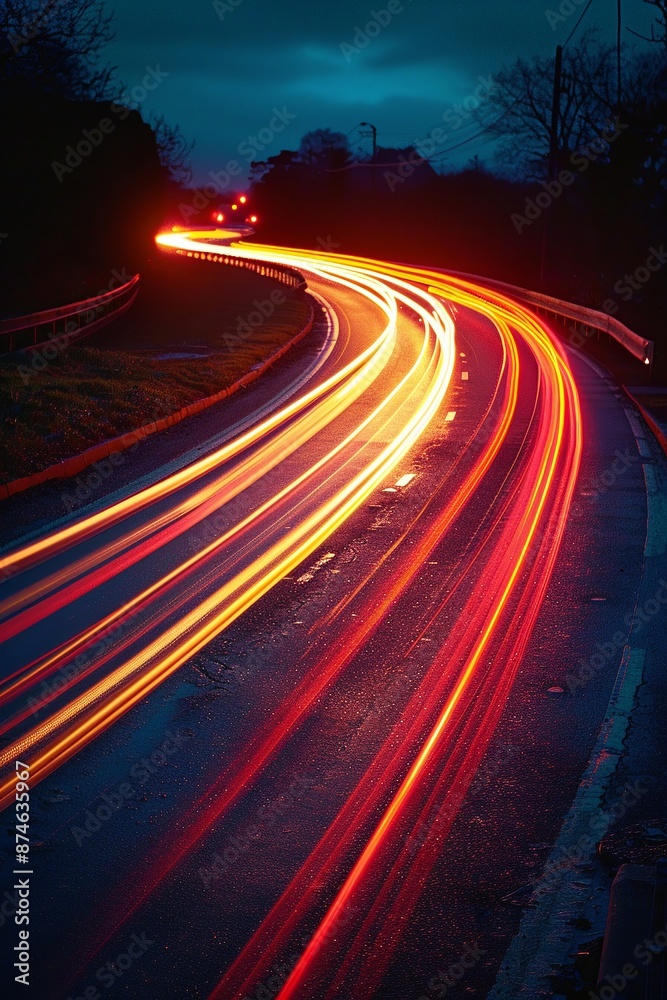 Long Exposure Night Photography of Car Light Trails on a Curved Road with a Dark Sky and Trees in the Background Long Exposure Night Photography of Car Light Trails on a Curved Road with a Dark Sky and Trees in the Background
