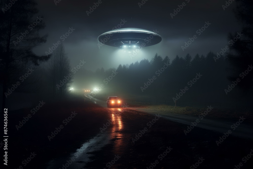 Eerie scene with a ufo hovering over a dimly lit road with mist and a lone car Eerie scene with a ufo hovering over a dimly lit road with mist and a lone car