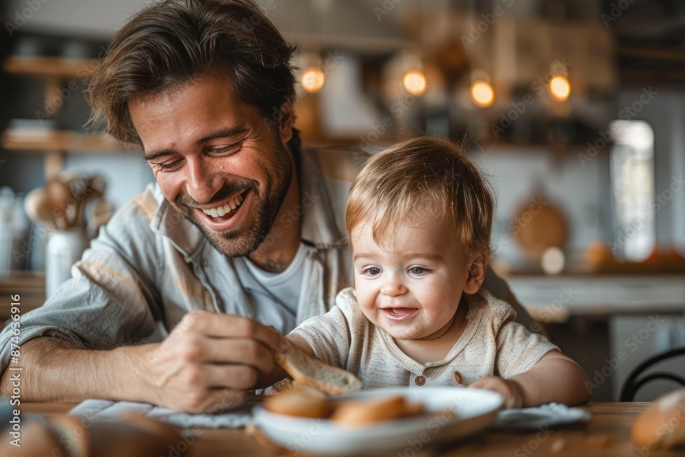 Fototapeta premium Father and Son Bonding Over Bread: Playful Moment in the Kitchen