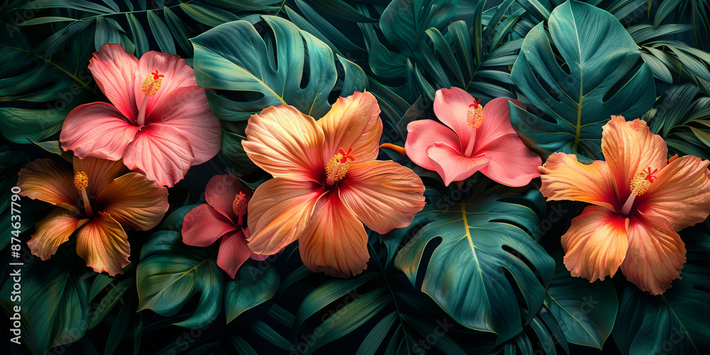 Naklejka premium Summer beautiful fantasy vintage wallpaper all tropical botanical flowers bunch,vintage motif for floral print digital background 