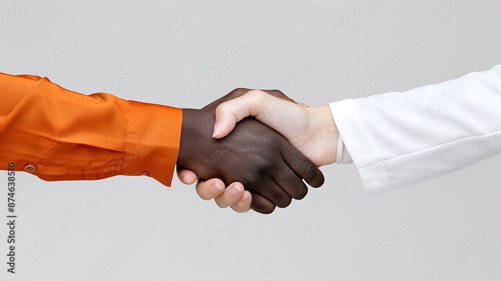 A photorealistic image of a handshake between two people from different cultures, with an interpreter standing beside them. copy space for text, focus cover all adject, deep dept of field, nodust A photorealistic image of a handshake between two people from different cultures, with an interpreter standing beside them. copy space for text, focus cover all adject, deep dept of field, nodust