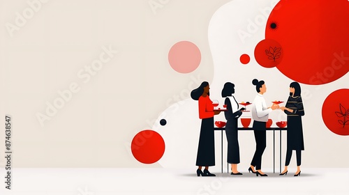 A festive illustration of people from various cultures sharing a meal and conversation, facilitated by interpreters. copy space for text, focus cover all adject, deep dept of field, nodust photo