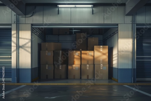 Sunlight illuminates a warehouse full of neatly stacked cardboard boxes photo