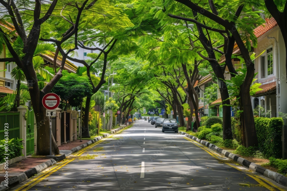 Charming Tree-Lined Street with Colorful Houses and Lush Greenery Charming Tree-Lined Street with Colorful Houses and Lush Greenery