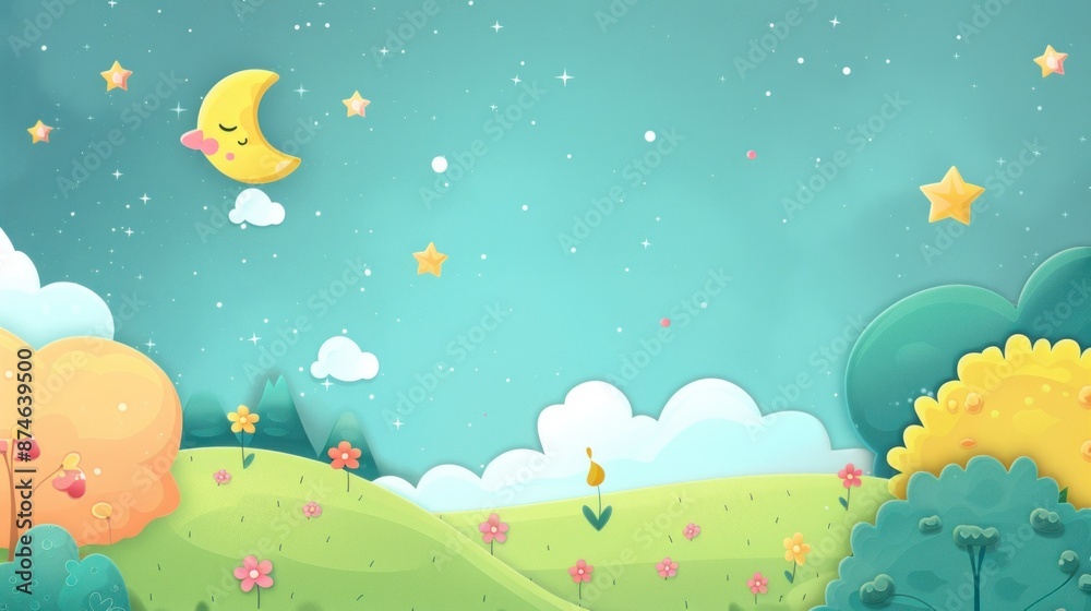 Illustration cartoon drawing of a field with a moon and stars in the sky Illustration cartoon drawing of a field with a moon and stars in the sky