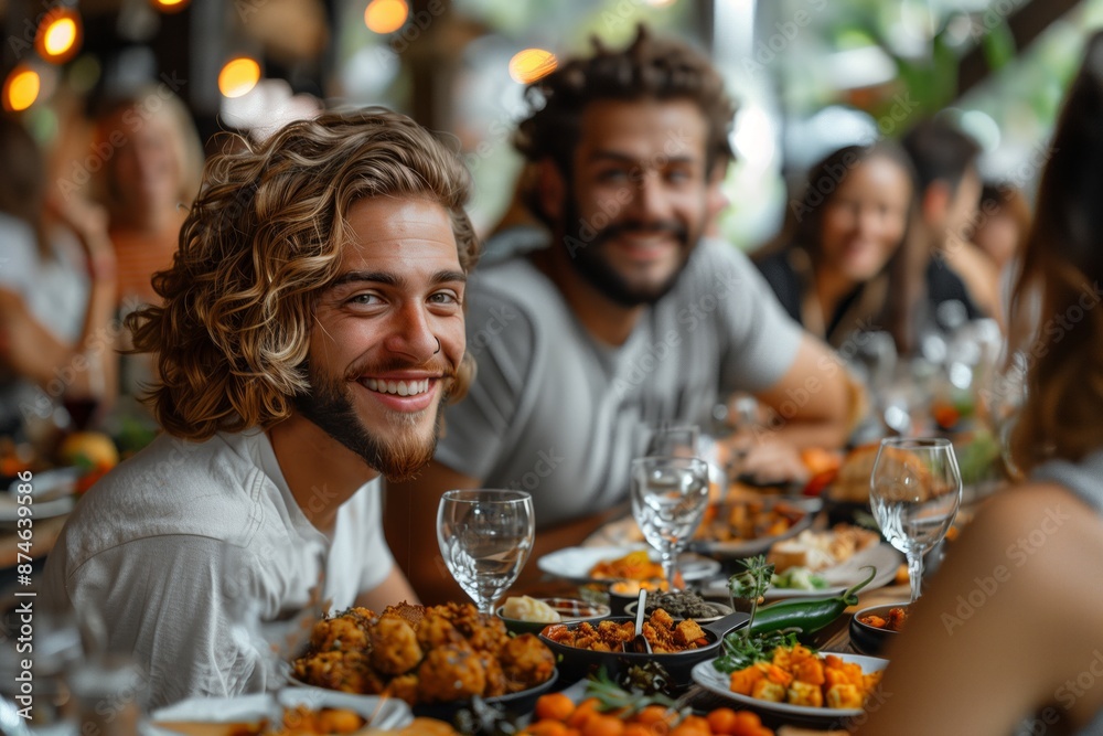 Smiling Man With Curly Hair at a Casual Restaurant Dinner Party Smiling Man With Curly Hair at a Casual Restaurant Dinner Party