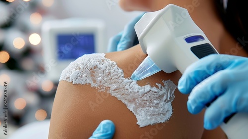 A person receiving a localized cryotherapy treatment on their shoulder using a handheld device. photo