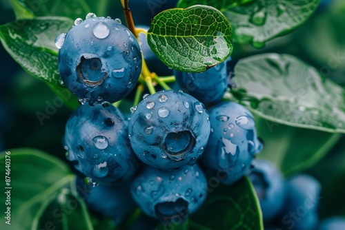 Close-up of ripe and juicy blueberries on a branch with green leaves and water drops. photo