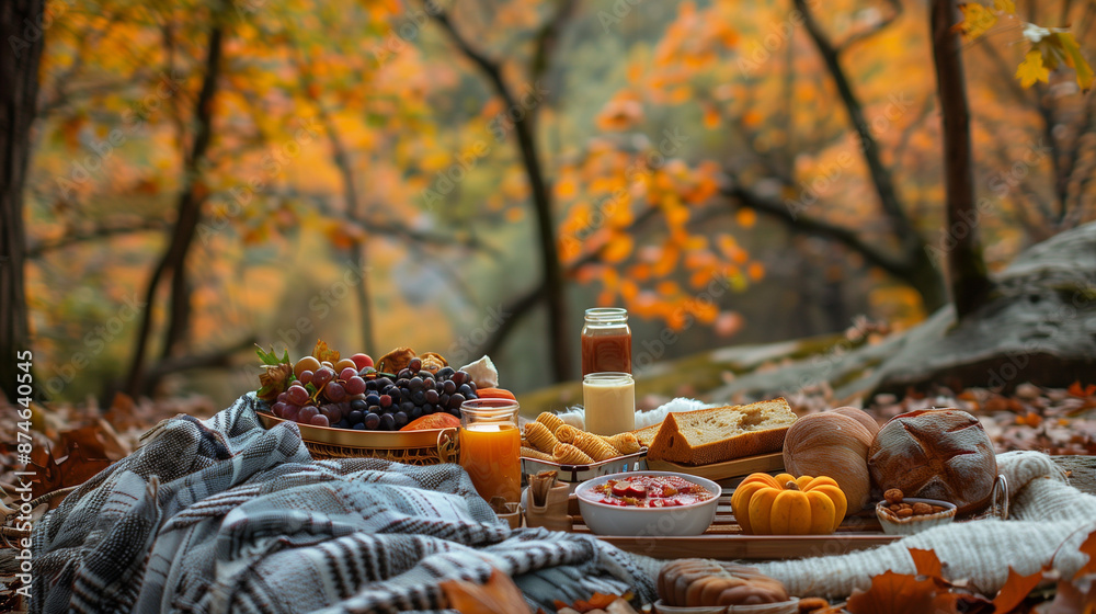 A cozy picnic setup with blankets, a variety of foods including fruits, bread, and drinks, set against a backdrop of vibrant autumn foliage in a forest setting. A cozy picnic setup with blankets, a variety of foods including fruits, bread, and drinks, set against a backdrop of vibrant autumn foliage in a forest setting.