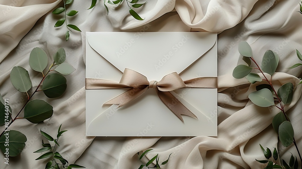 blank white paper card,envelope green branches silk ribbon on linen cloth background wedding invitation template.illustration blank white paper card,envelope green branches silk ribbon on linen cloth background wedding invitation template.illustration
