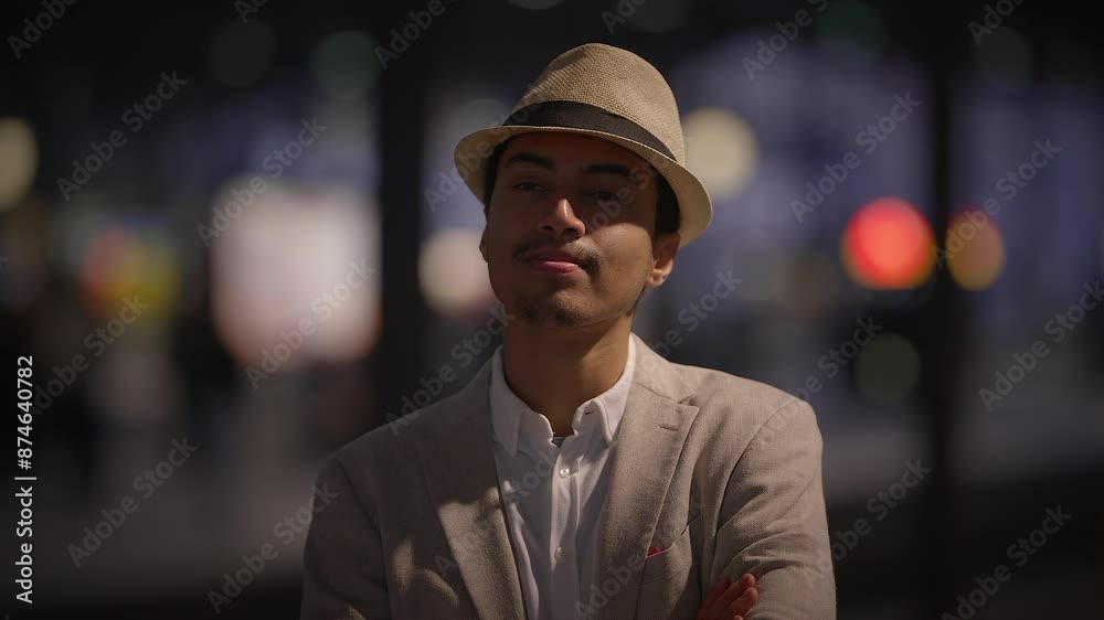 Take a night portrait of a confident man in a hat against a blurred stylish background Take a night portrait of a confident man in a hat against a blurred stylish background