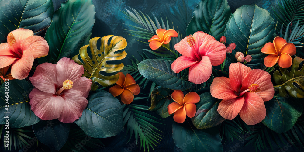 Fototapeta premium design Summer beautiful fantasy vintage wallpaper all tropical botanical flowers bunch,vintage motif for floral print digital background 