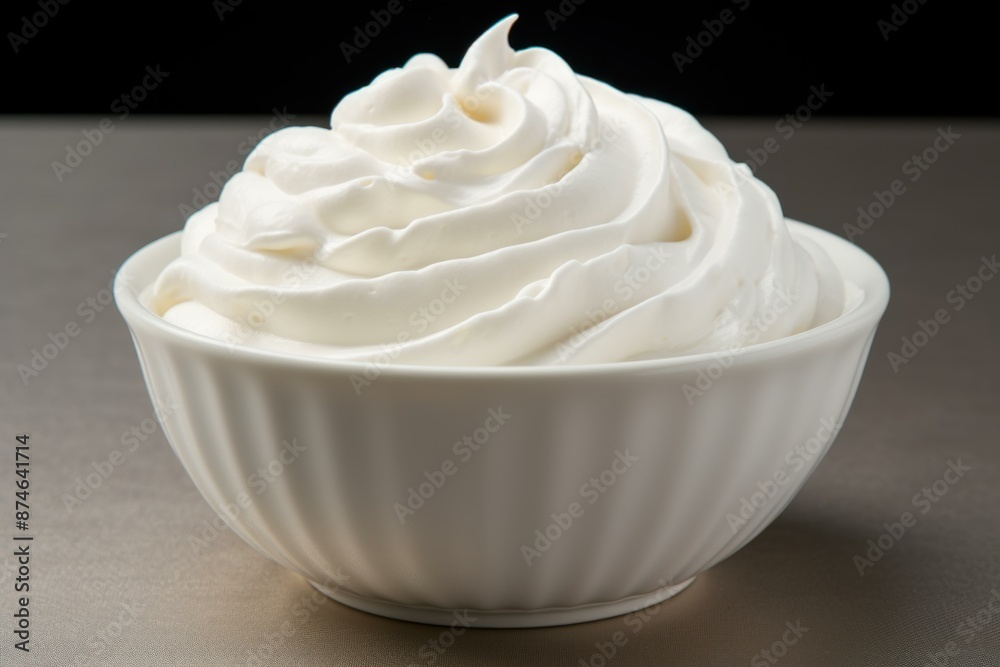 Close-up of a white bowl filled with swirls of creamy whipped cream on a neutral background Close-up of a white bowl filled with swirls of creamy whipped cream on a neutral background