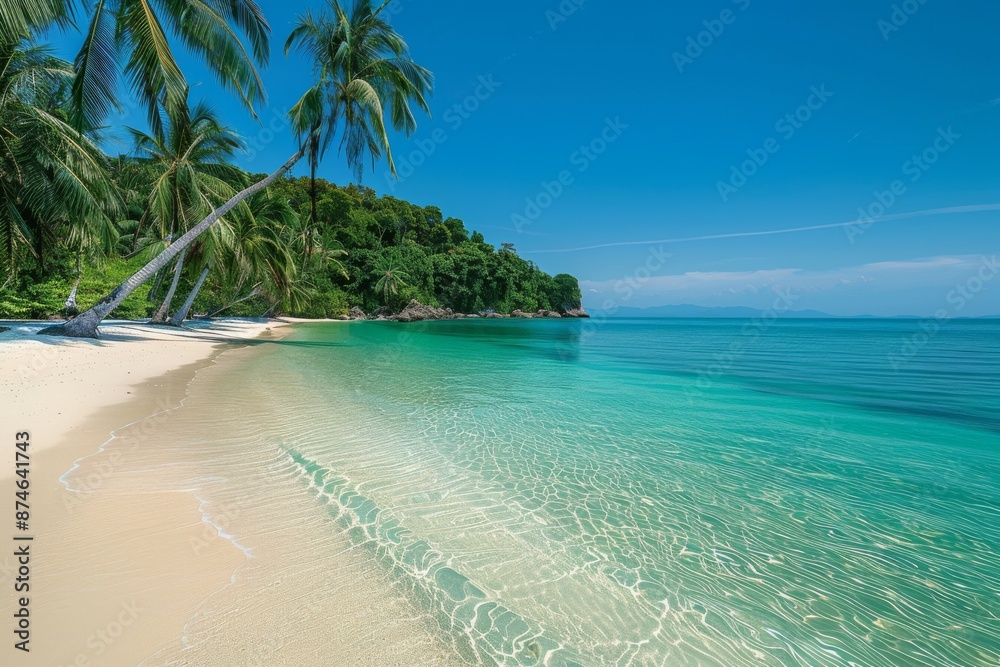Fototapeta premium Tropical Paradise: Pristine Beach with Palm Trees and Turquoise Water