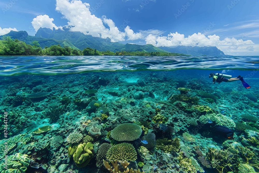 Fototapeta premium Underwater Paradise with Diver and Lush Mountain Background