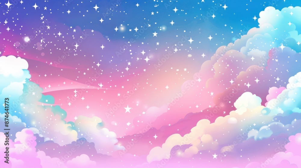 A fantasy colorful sky with pink, blue and purple clouds and stars A fantasy colorful sky with pink, blue and purple clouds and stars