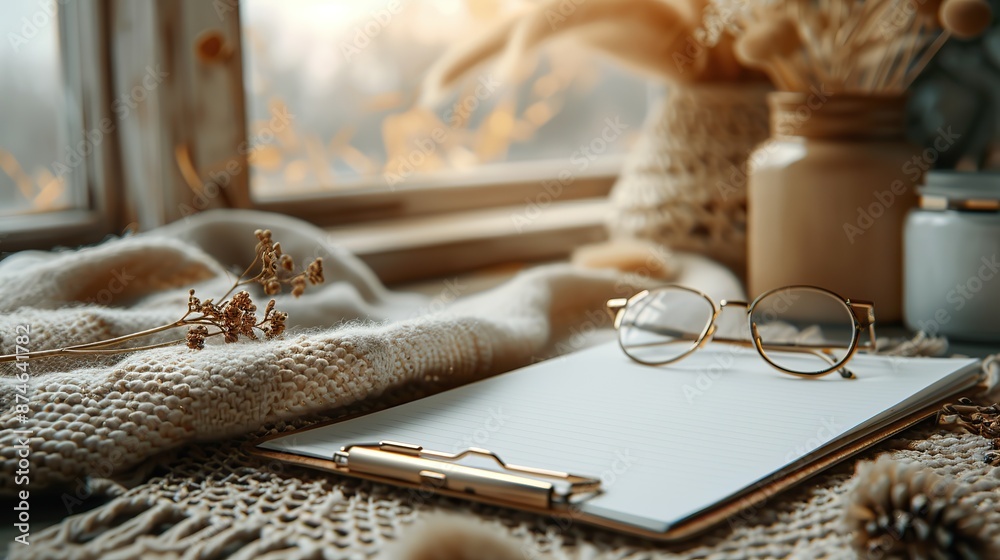 Fototapeta premium aesthetic feminine workspace,clipboard pen office stationery glasses beige cloth dried flowers.image illustration